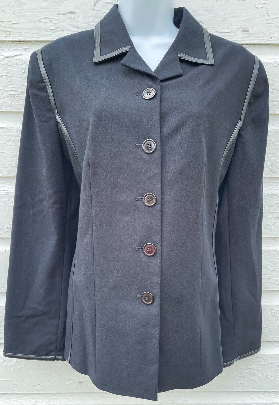 Cami International Blazer Jacket Womens 12 Black Wool Blend Faux Leather Trim